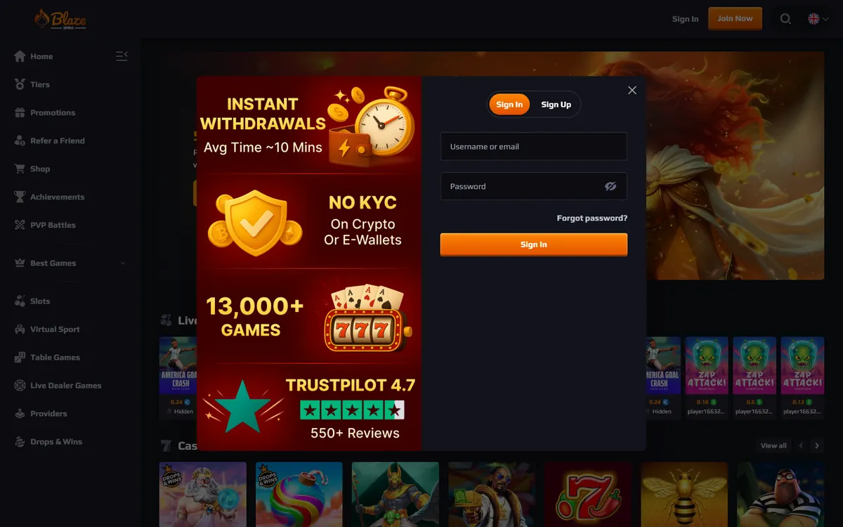 Blaze Spins Casino — Sign-up, captured from Canada