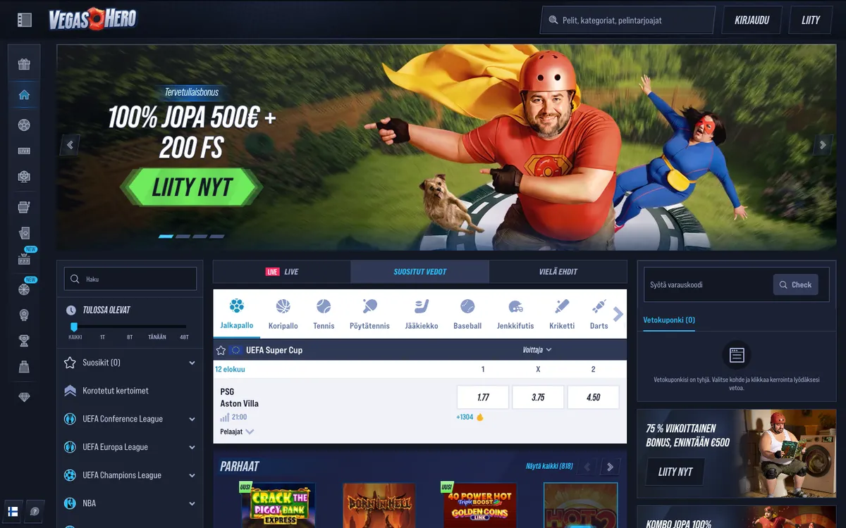 Vegas Hero Casino — Home page, captured from Finland