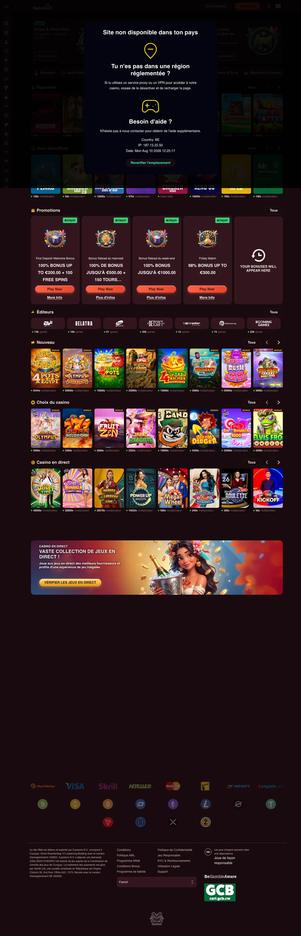 SlotoRush Casino — Home page, captured from Belgium