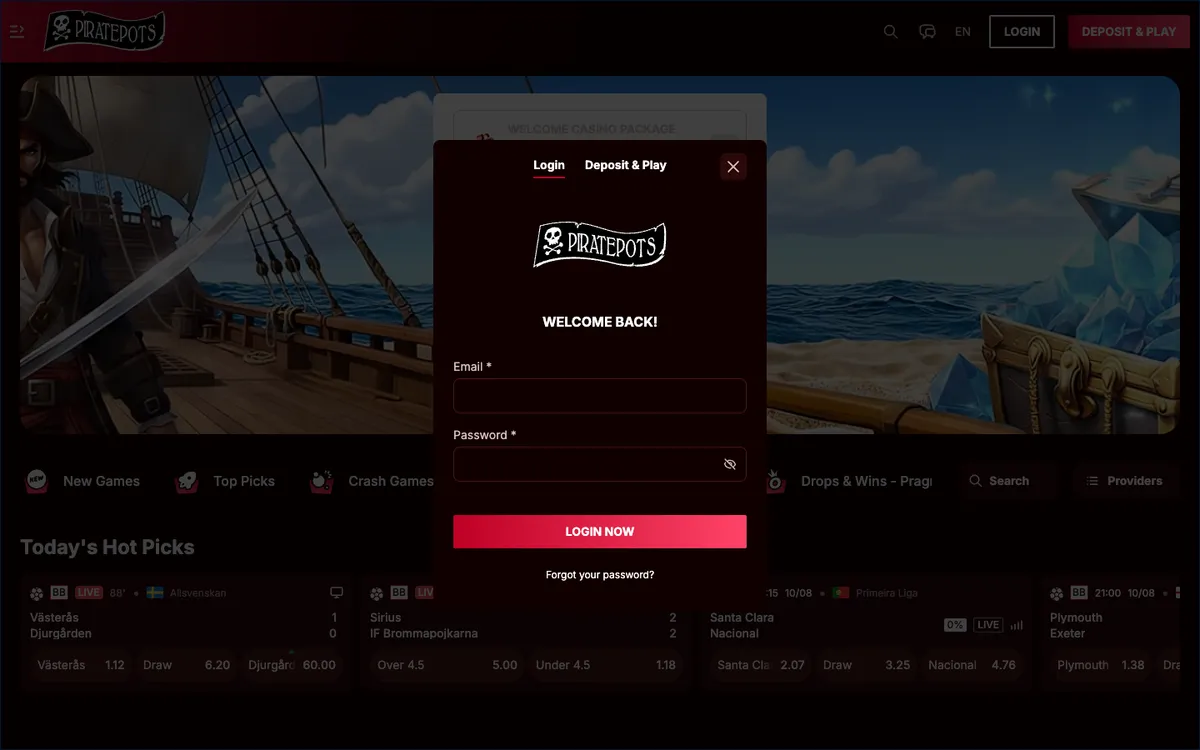 Piratepots Casino — Sign-up, captured from Finland