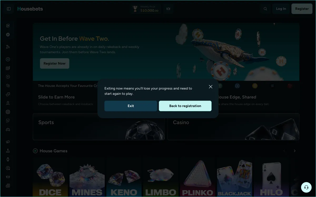 Housebets Casino — «Регистрация», снято из страны Австрия