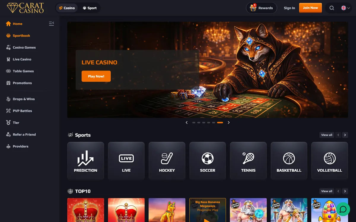 Carat Casino — Home page, captured from Norway