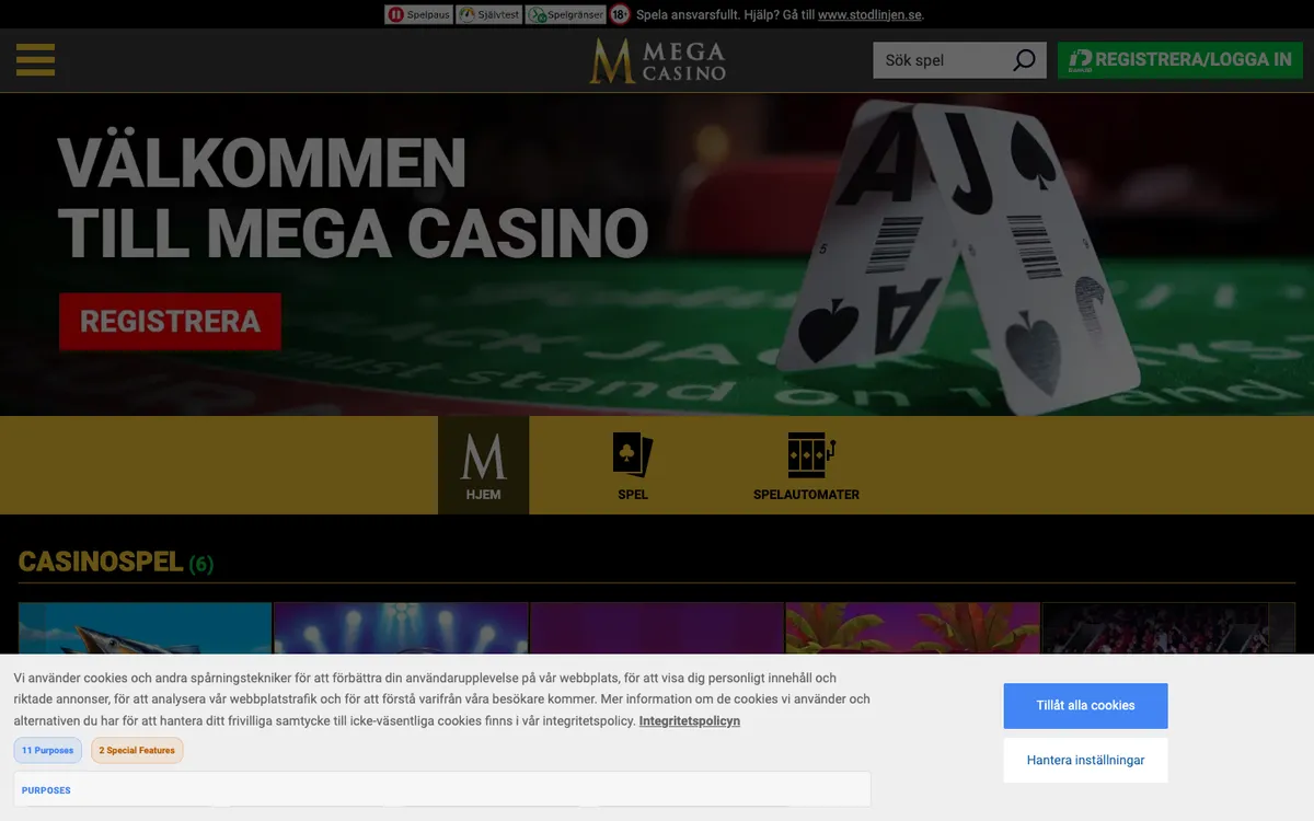 Mega Casino — Home page, captured from Sweden