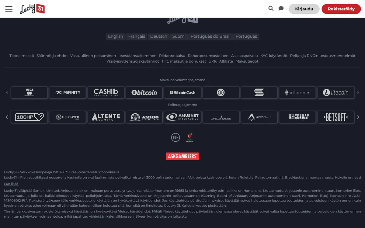 Lucky 31 Casino — «Акции», снято из страны Финляндия