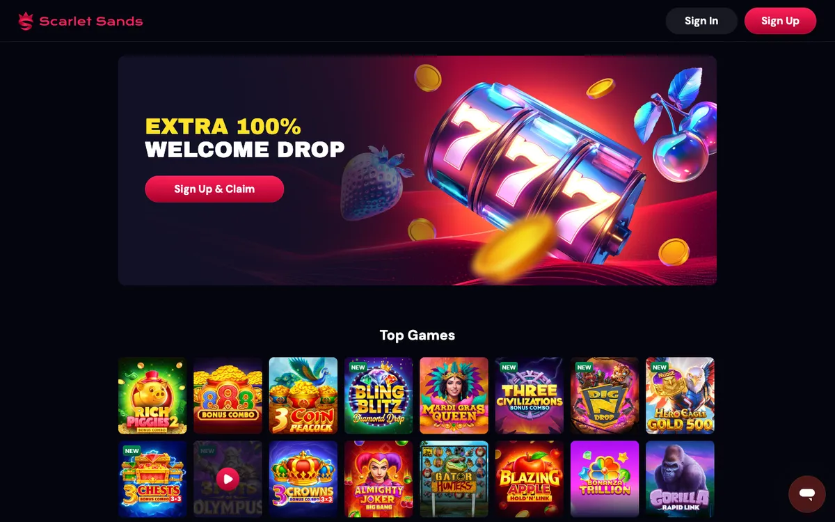 Scarlet Sands Casino — Home page, captured from United States