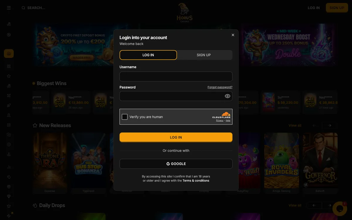 Horus Casino — «Регистрация», снято из страны Австрия