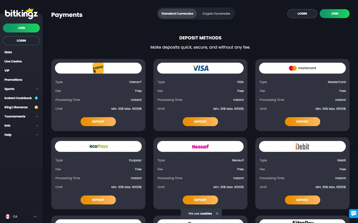 Bitkingz Casino — Payments, captured from Canada