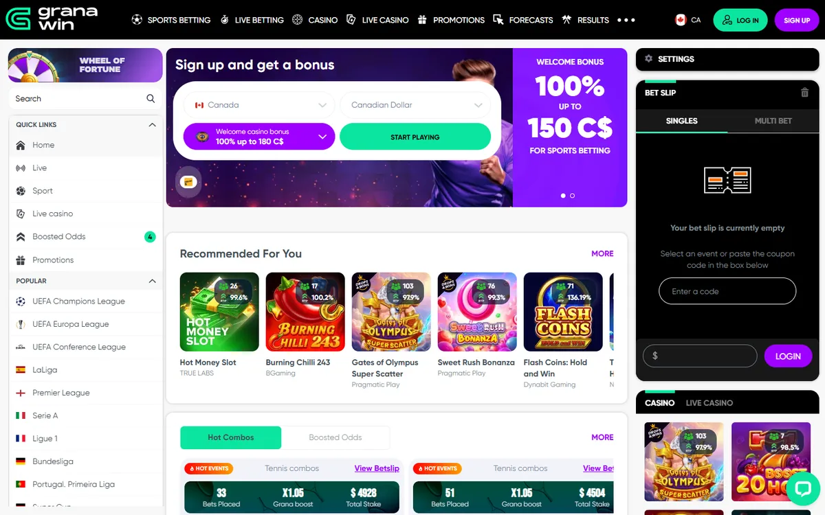 GranaWin Casino — Home page, captured from Canada