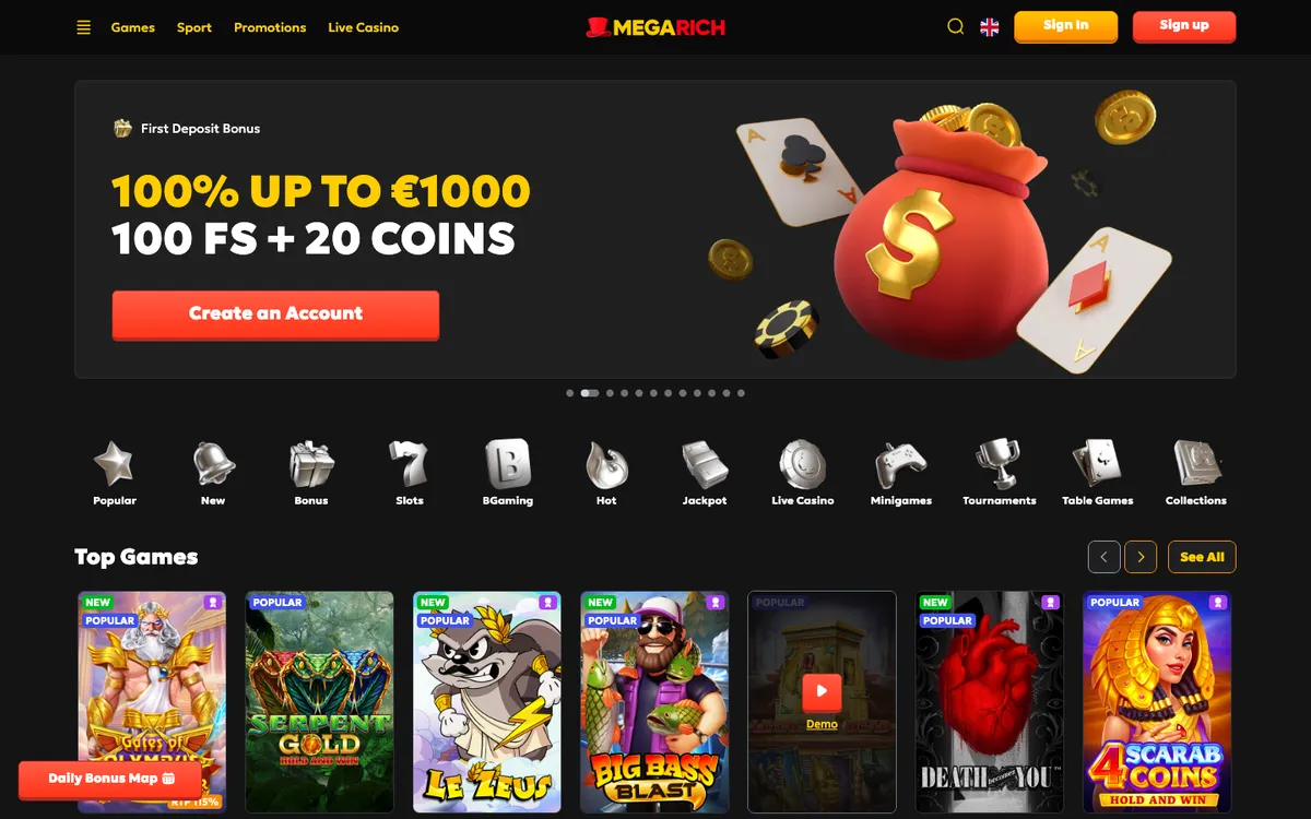 Megarich Casino — Home page, captured from Belgium