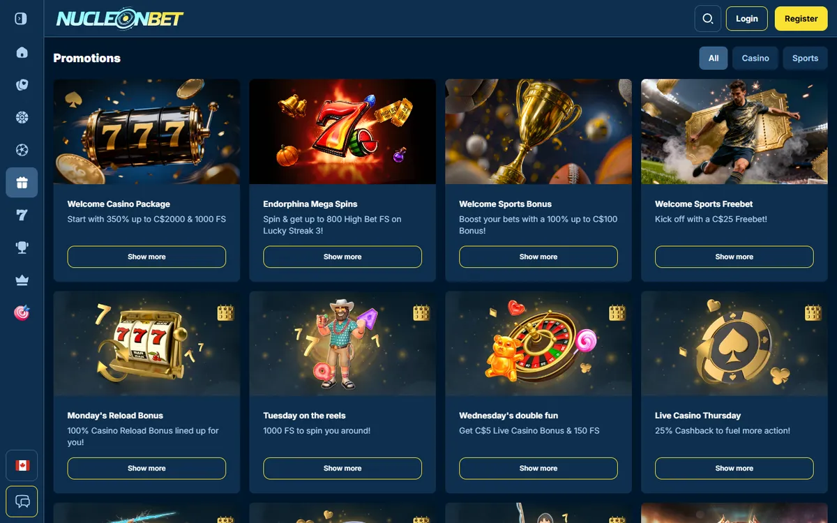 Nucleonbet Casino — Promotions, captured from Canada