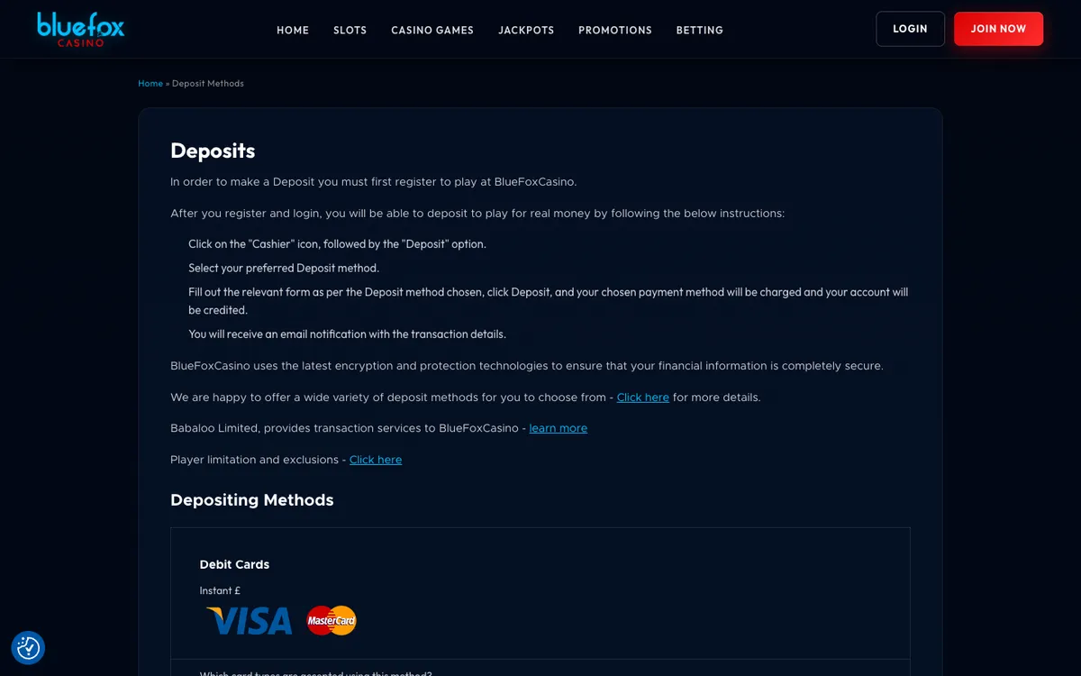 Bluefox Casino — «Платежи», снято из страны Бельгия