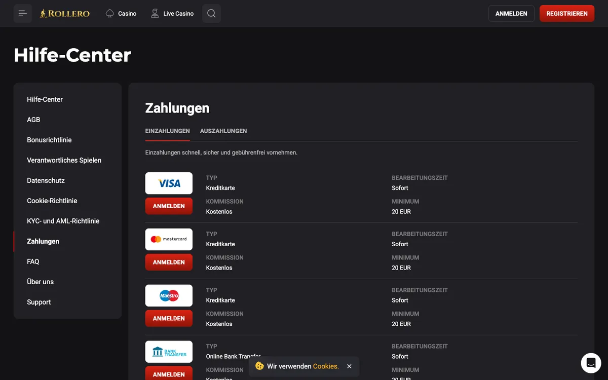 Rollero Casino — «Платежи», снято из страны Австрия