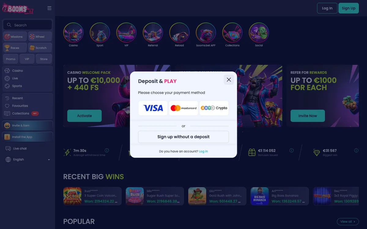 BoomsBet Casino — «Главная», снято из страны Чехия