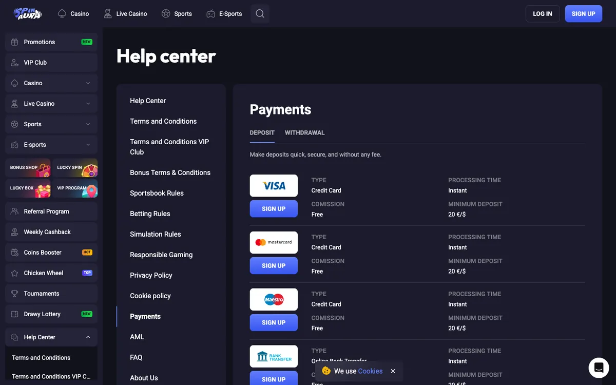 Spin Aura Casino — Payments, captured from Belgium