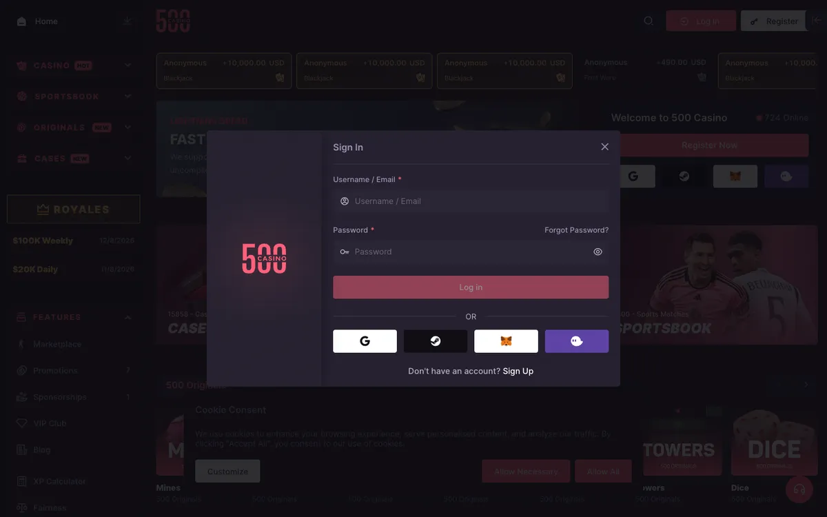 500 Casino — «Регистрация», снято из страны Великобритания