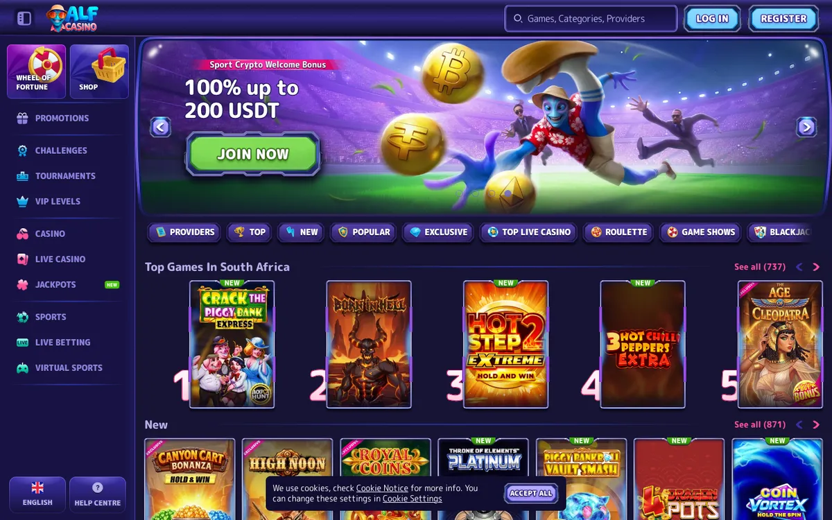 Alf Casino — Home page, captured from South Africa