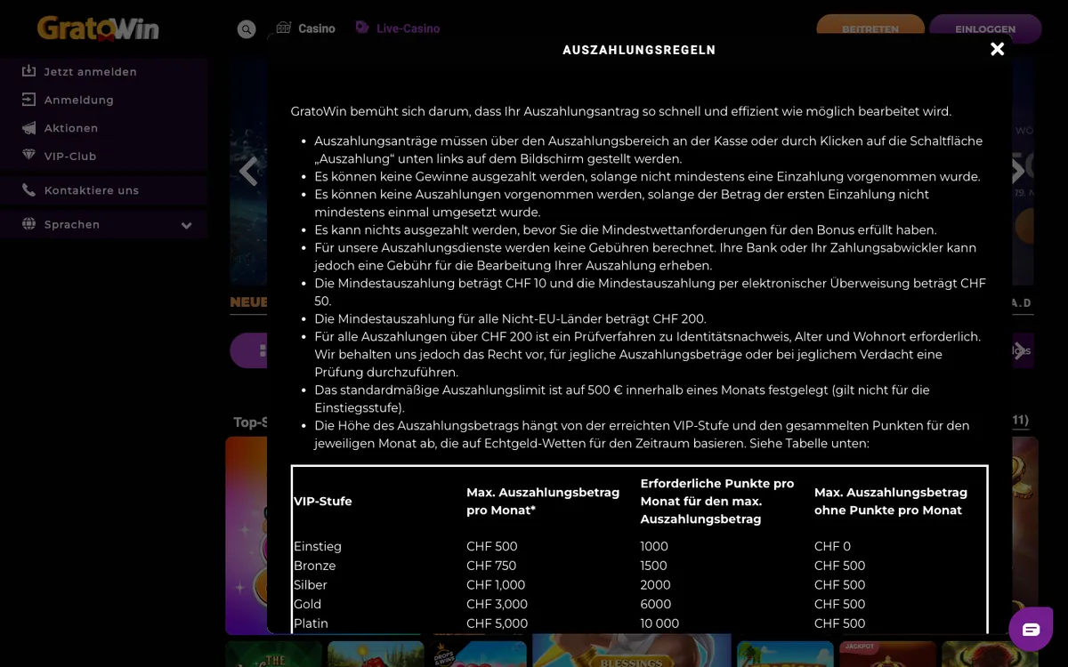 GratoWin Casino — Payments, captured from Switzerland