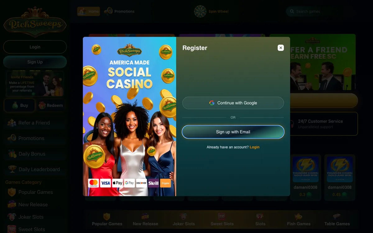 RichSweeps Casino — Sign-up, captured from United States