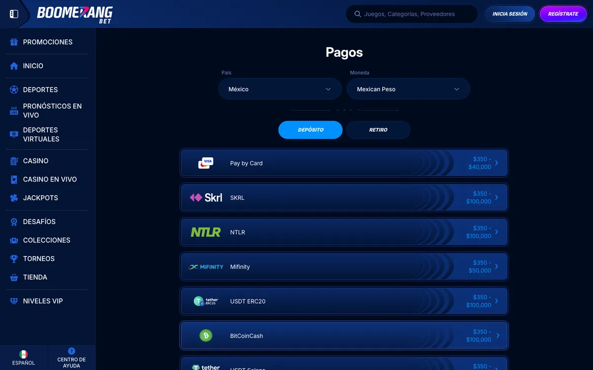 Boomerang-bet Casino — Payments, captured from Mexico
