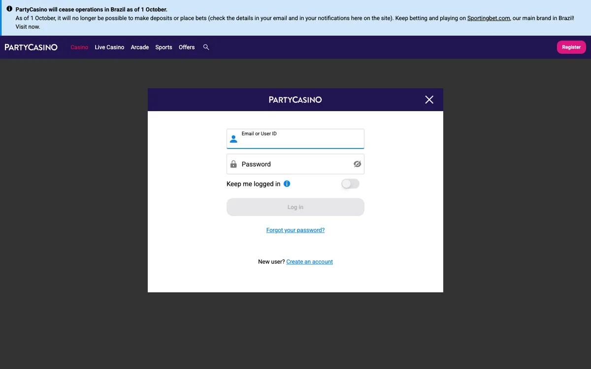 PartyCasino — Sign-up, captured from Brazil