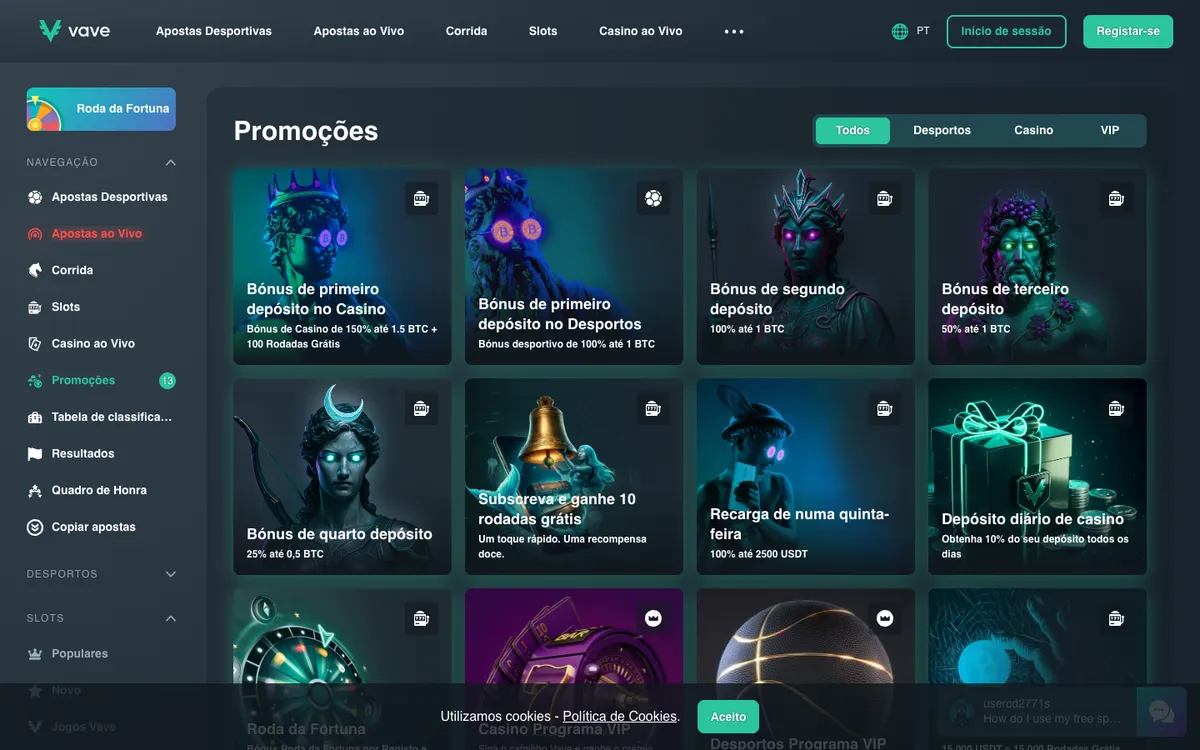 Vave Casino — Promotions, captured from Portugal