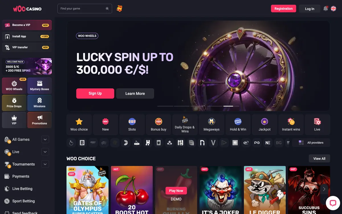 Woocasino — «Главная», снято из страны Бразилия