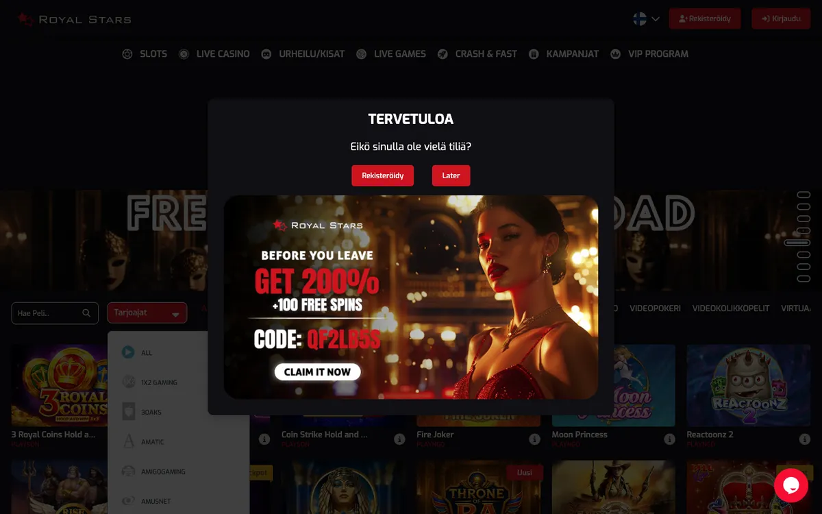 Royal Stars Casino — Home page, captured from Finland