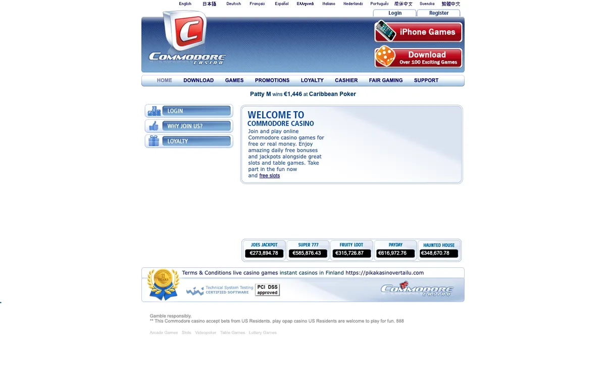 Commodore Casino — Home page, captured from Belgium