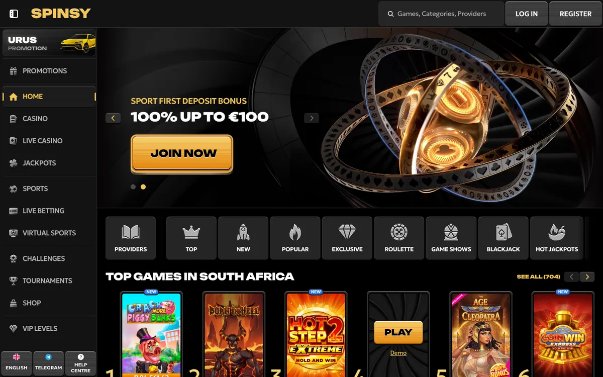 Spinsy Casino — «Главная», снято из страны Южно-Африканская Республика