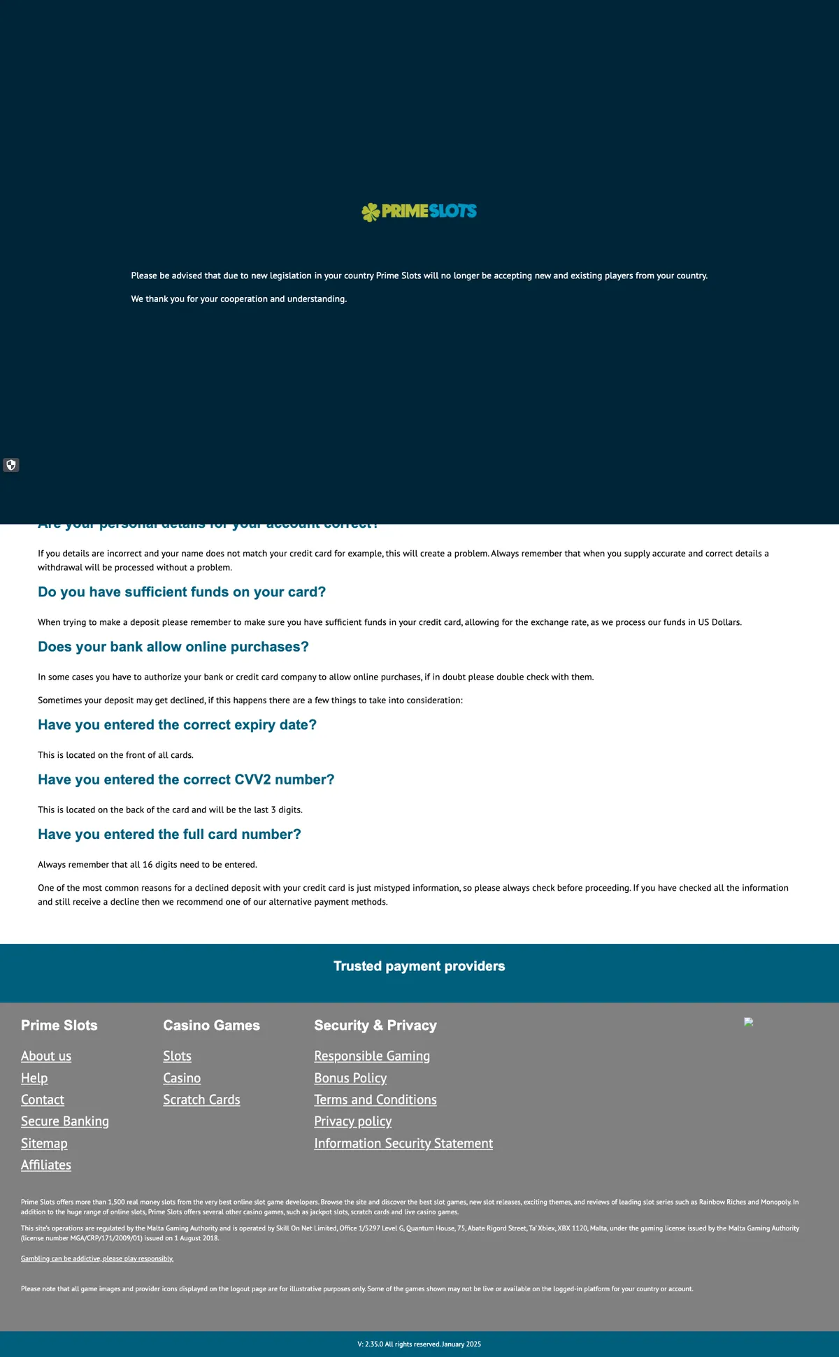 Prime Slots Casino — Payments, captured from Australia