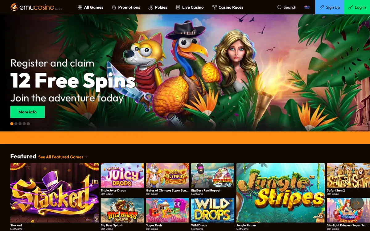 EmuCasino — «Главная», снято из страны Новая Зеландия