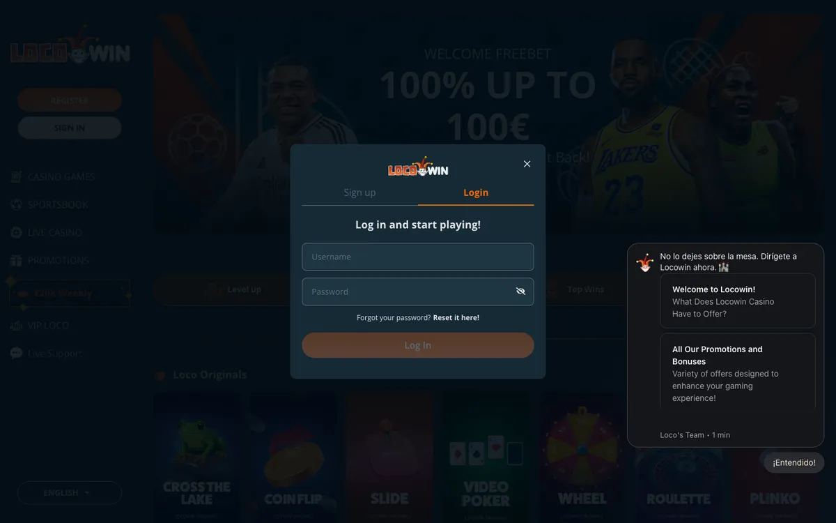 Locowin Casino — «Регистрация», снято из страны Испания
