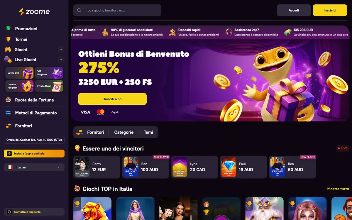 Zoome Casino — Home page, captured from Italy