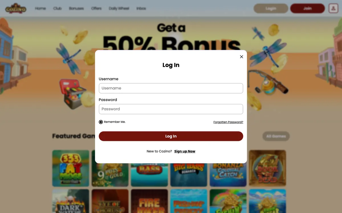 Cozino Casino — Sign-up, captured from United Kingdom