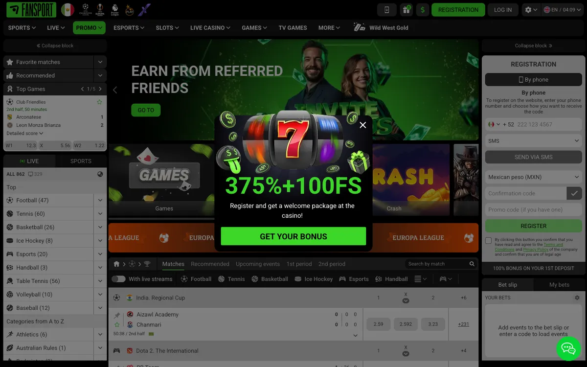 Fansport Casino — Home page, captured from Mexico