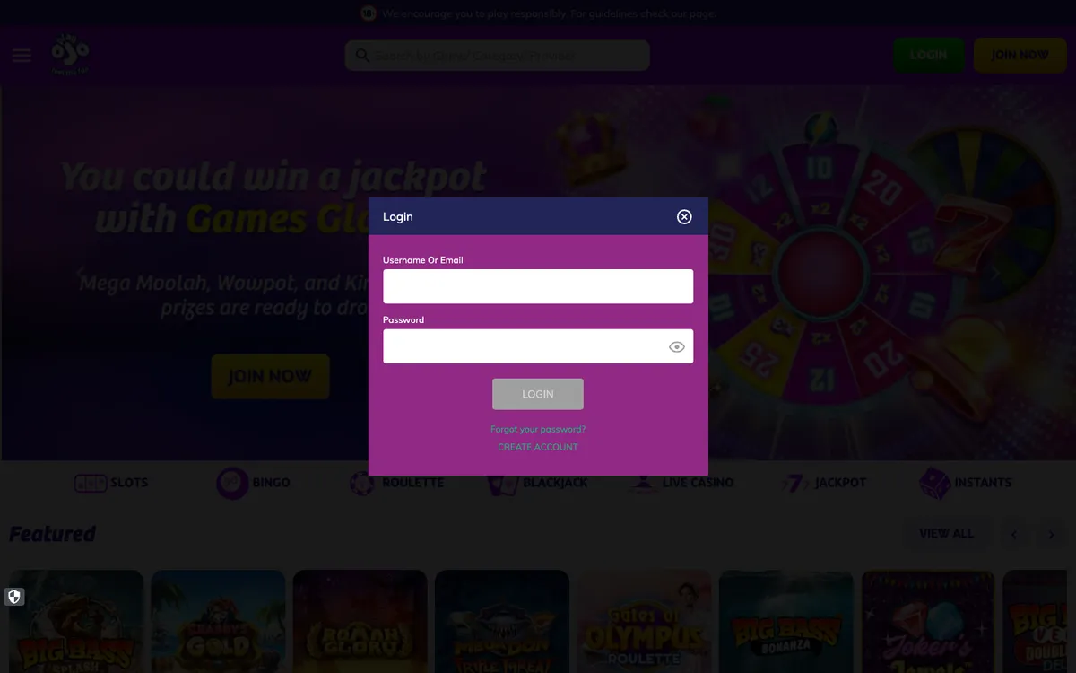 PlayOJO Casino — «Регистрация», снято из страны Канада