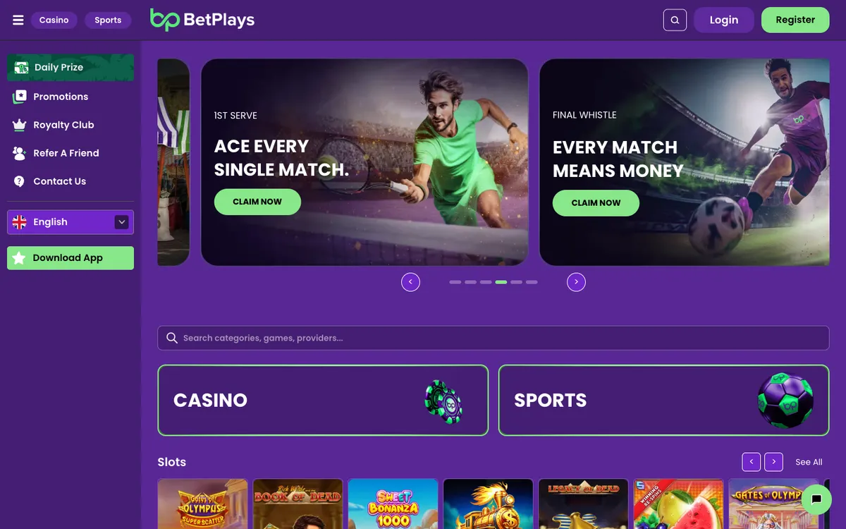 BetPlays Casino — Home page, captured from Belgium