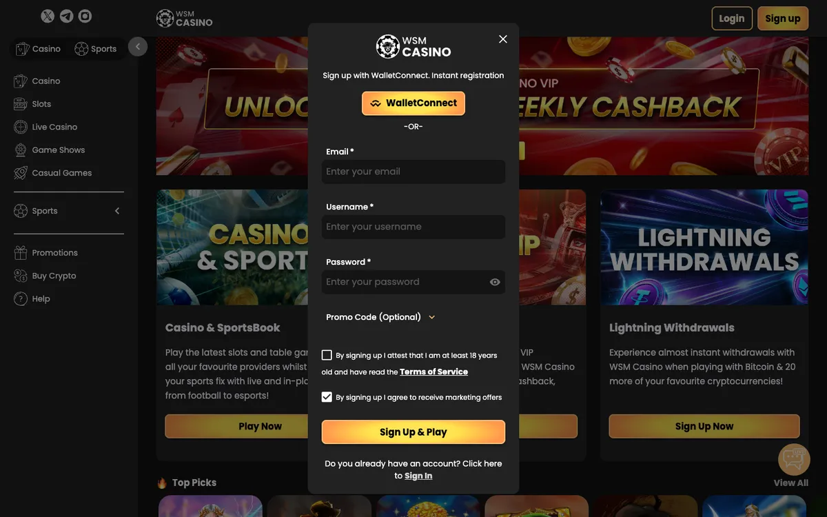 WSM Casino — Sign-up, captured from Slovenia