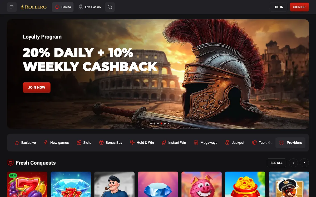 Rollero Casino — «Главная», снято из страны Южно-Африканская Республика