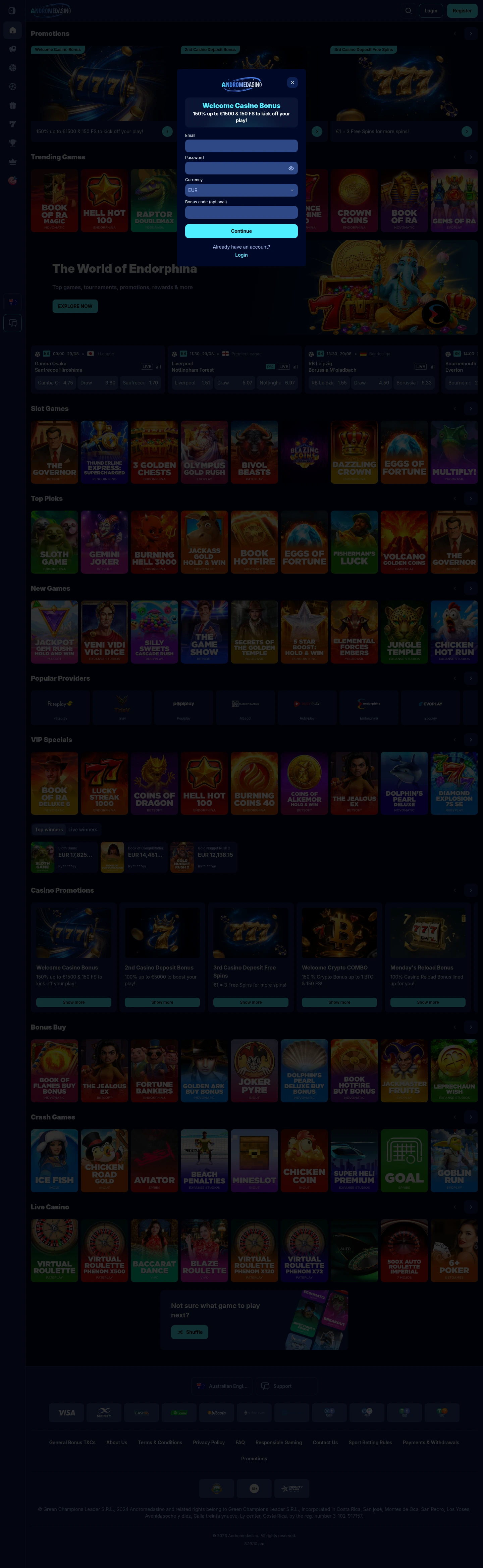 Andromedasino Casino — «Регистрация», снято из страны Австралия