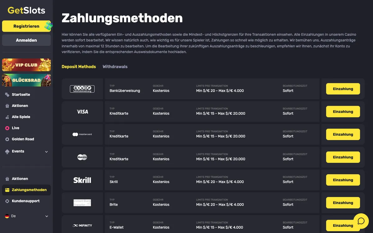 GetSlots Casino — Payments, captured from Germany