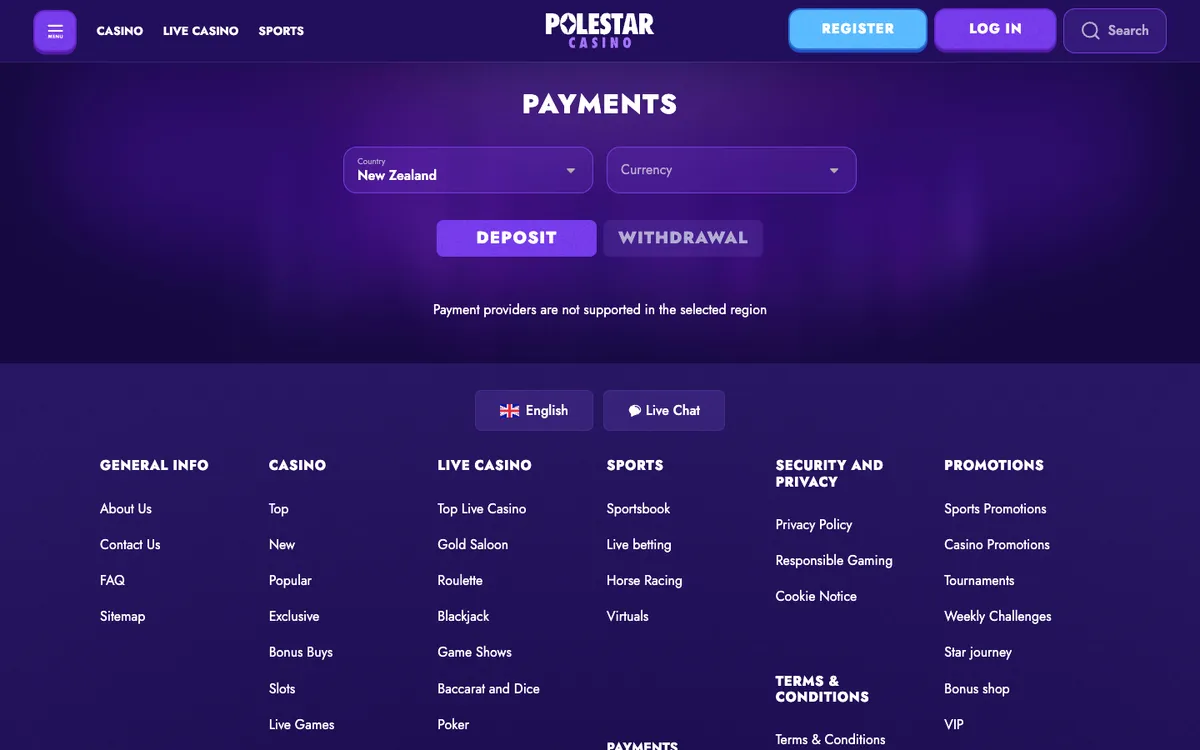 Polestar Casino — «Платежи», снято из страны Новая Зеландия