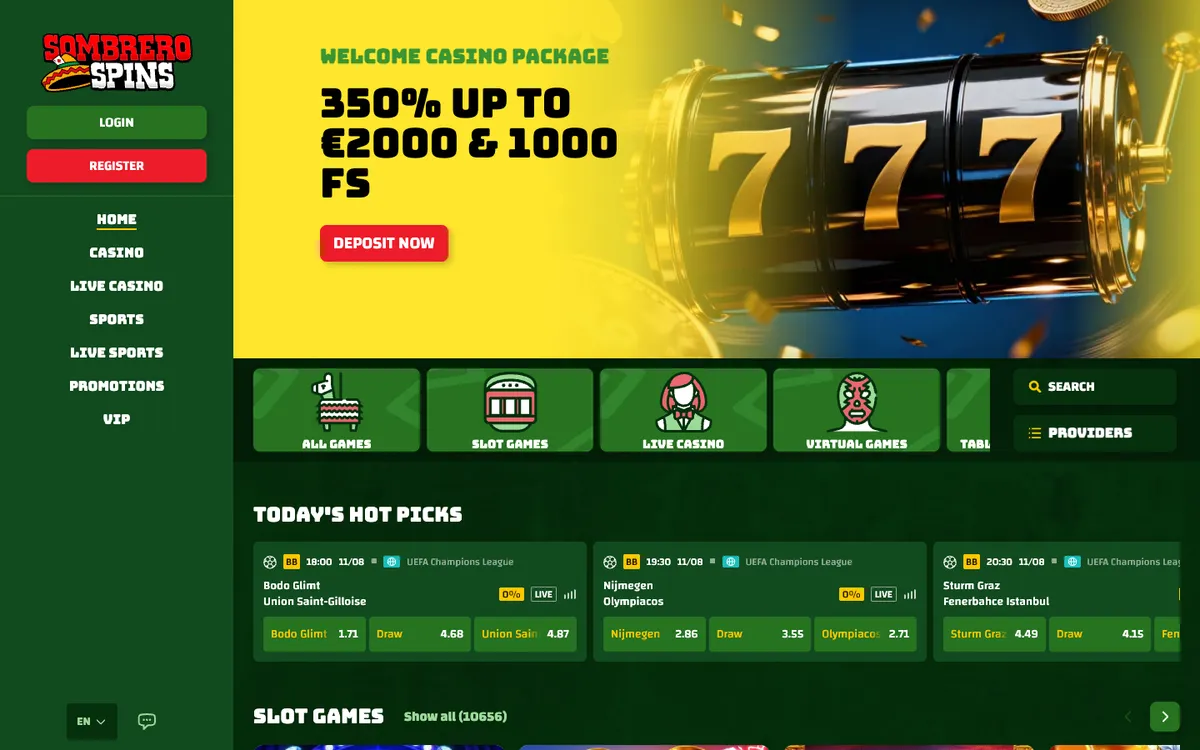 Sombrero Spins Casino — Home page, captured from Spain