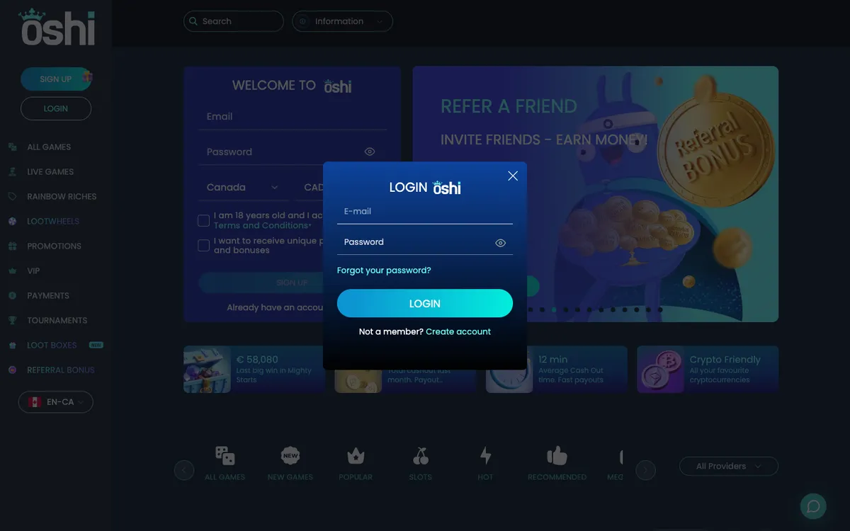 Oshi Casino — «Регистрация», снято из страны Канада