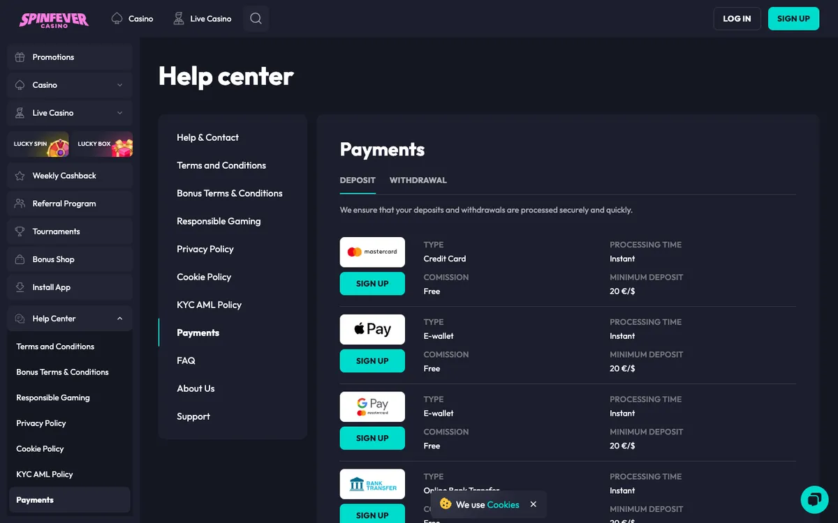 SpinFever Casino — «Платежи», снято из страны Австралия