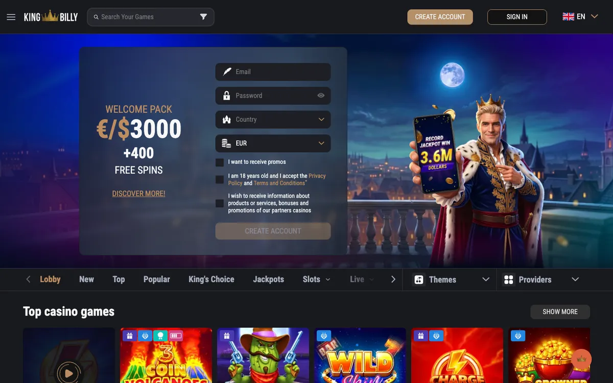 King Billy Casino — Home page, captured from Belgium