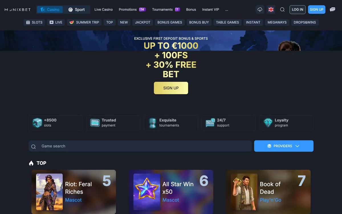 Monixbet Casino — Home page, captured from Australia