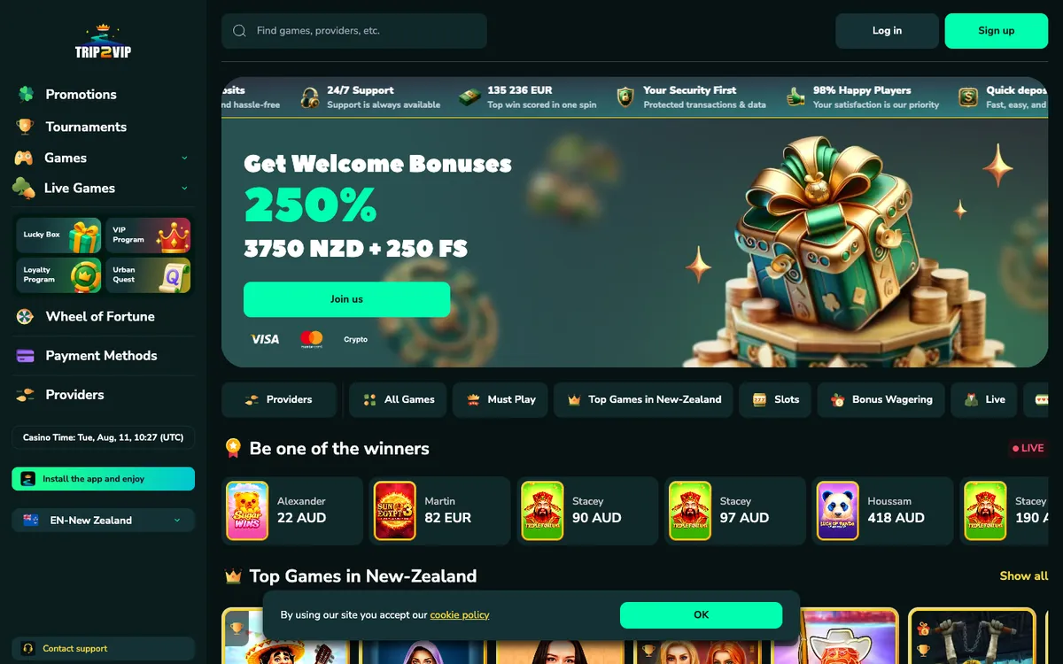 Trip2Vip Casino — «Главная», снято из страны Новая Зеландия