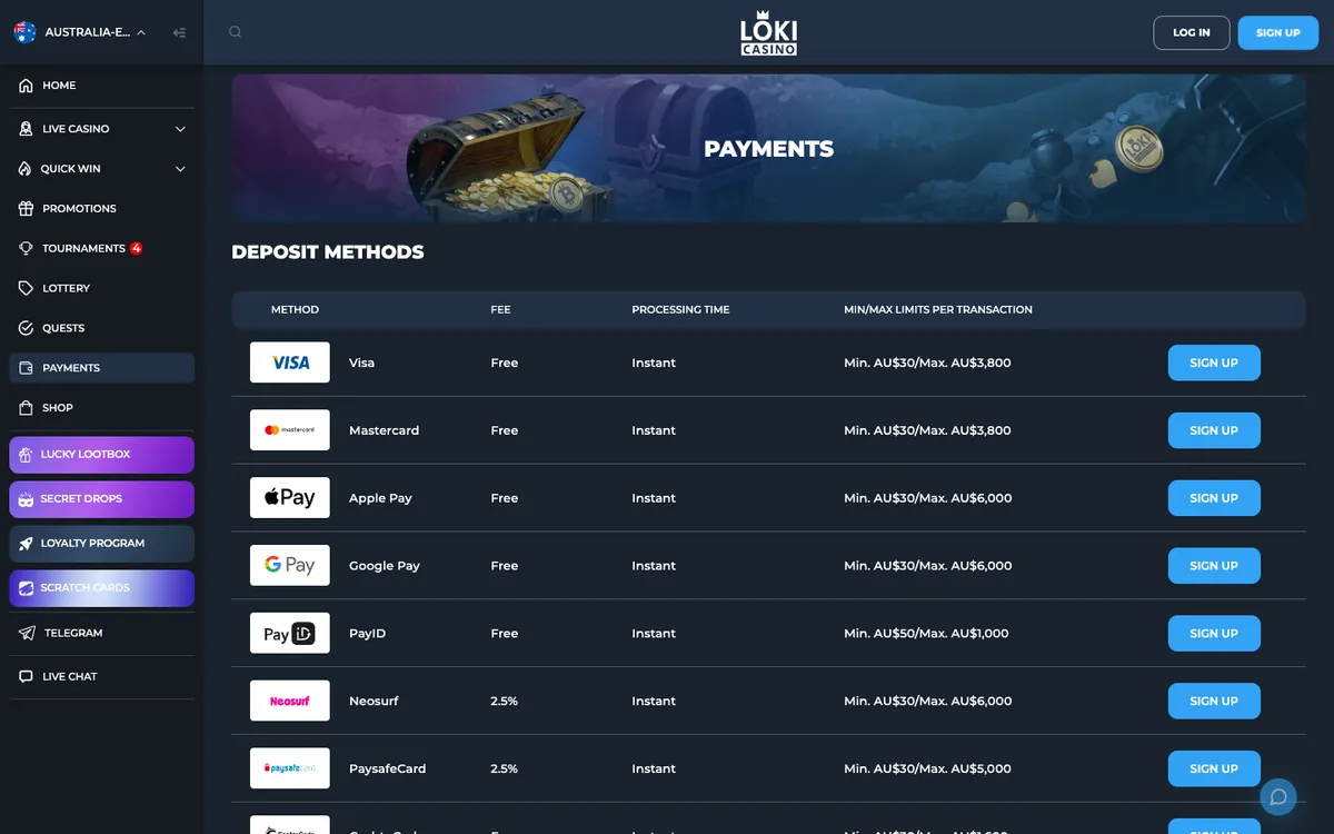 Loki Casino — «Платежи», снято из страны Австралия