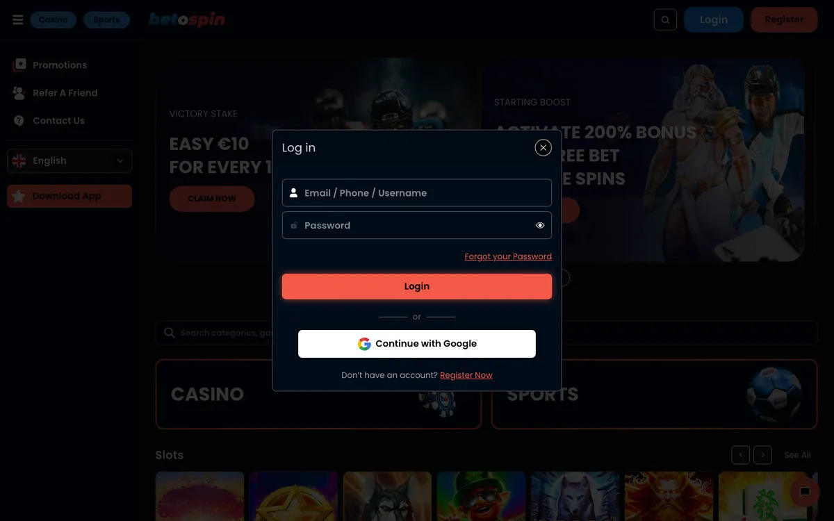 BetOspin Casino — Sign-up, captured from Netherlands